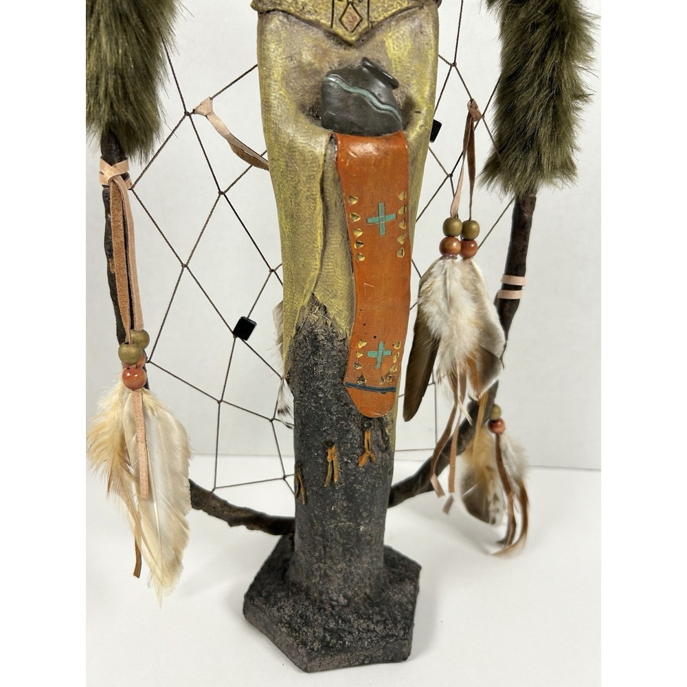 Southwestern Native American Resin Figurine with Dreamcatcher & Feathers 14.5" - Picture 4 of 5